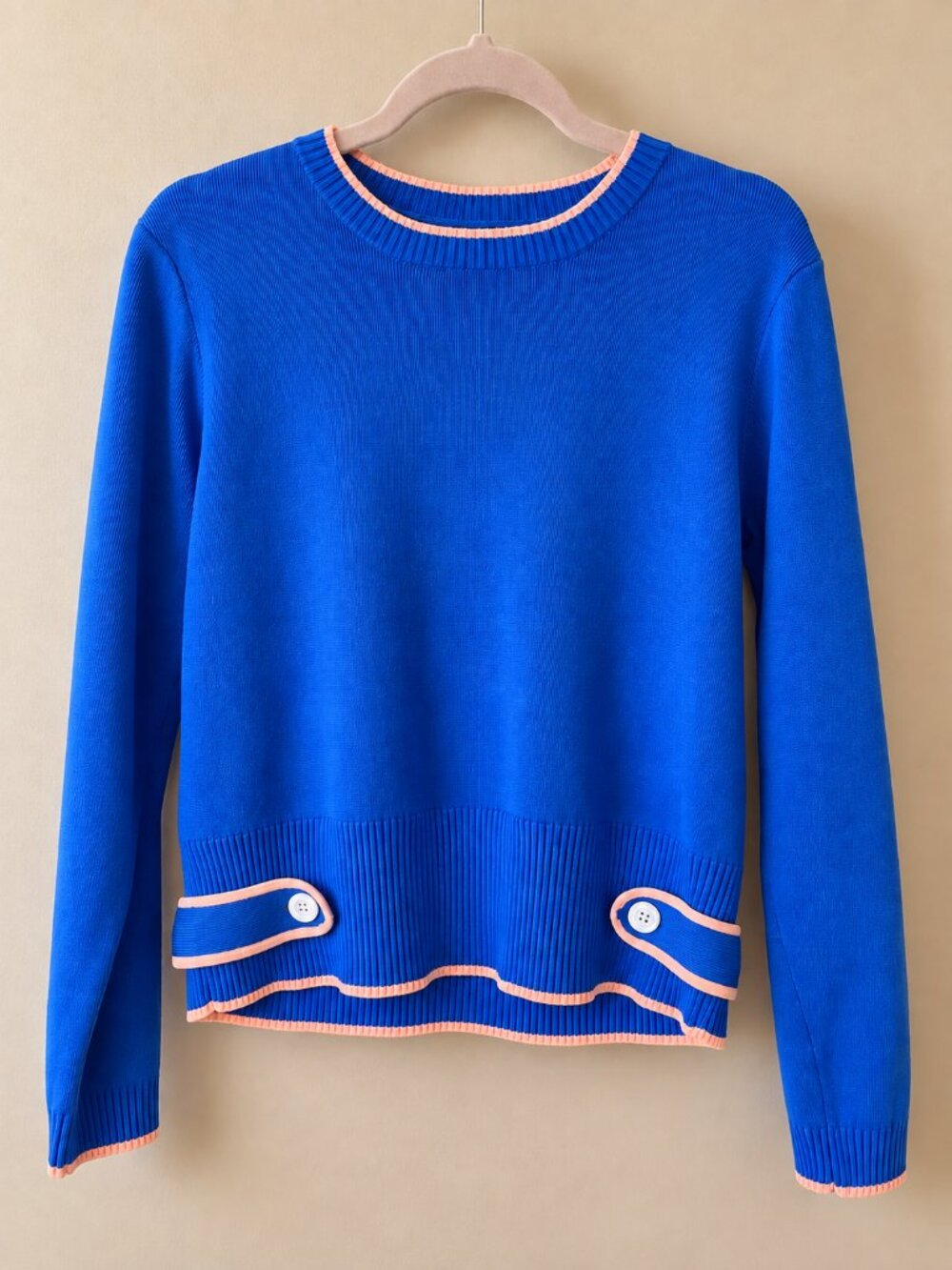 English Factory Blue Peach Trim Button Accent Ribbed Sweater M Preppy
